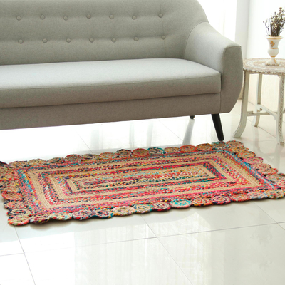 Jute and recycled cotton area rug, 'Festive Charm' (3x5) - Jute and Recycled Cotton Area Rug from India (3x5)