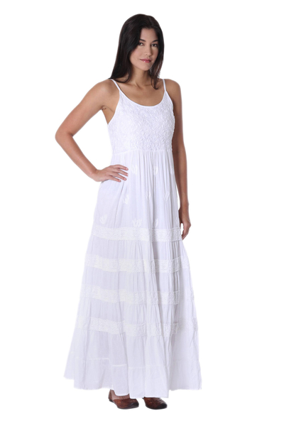 Vestido largo de algodón - Vestido largo de algodón blanco hecho a mano en la India