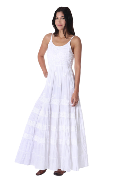 White Cotton Maxi Dress Handmade in India - Lucknow Summer | NOVICA