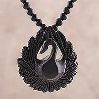 Ebony wood beaded pendant necklace, 'Peacock Glory' - Ebony Wood Peacock Beaded Pendant Necklace from India