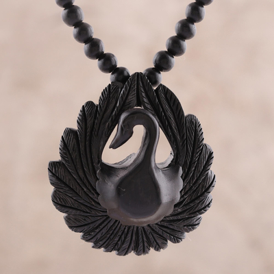 Ebony wood beaded pendant necklace, Peacock Glory