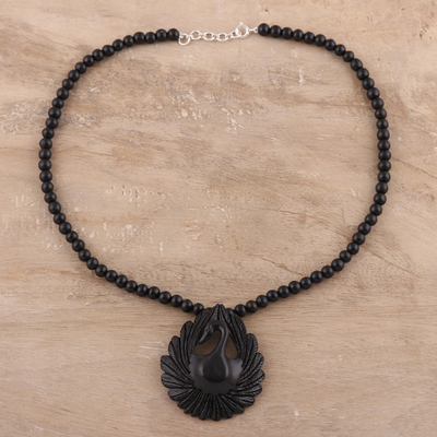 Ebony wood beaded pendant necklace, 'Peacock Glory' - Ebony Wood Peacock Beaded Pendant Necklace from India
