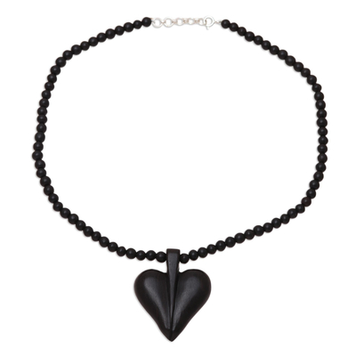 Ebony wood beaded pendant necklace, 'Heart Adoration' - Heart-Shaped Ebony Wood Beaded Pendant Necklace