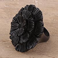 Ebony wood cocktail ring, 'Hand-Carved Flower' - Floral Ebony Wood Cocktail Ring Crafted in India