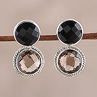 Smoky quartz and onyx drop earrings, 'Twin Glitter' - Smoky Quartz and Onyx Drop Earrings from India