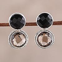 Smoky quartz and onyx drop earrings, 'Twin Glitter' - Smoky Quartz and Onyx Drop Earrings from India