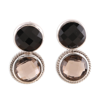 Smoky quartz and onyx drop earrings, 'Twin Glitter' - Smoky Quartz and Onyx Drop Earrings from India