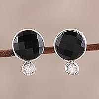 Onyx and rainbow moonstone button earrings, 'Midnight Mist' - Onyx and Rainbow Moonstone Button Earrings from India