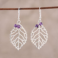 Sterling silver and amethyst dangle earrings, 'Leafy Desire' - Leaf-Shaped Sterling Silver and Amethyst Dangle Earrings