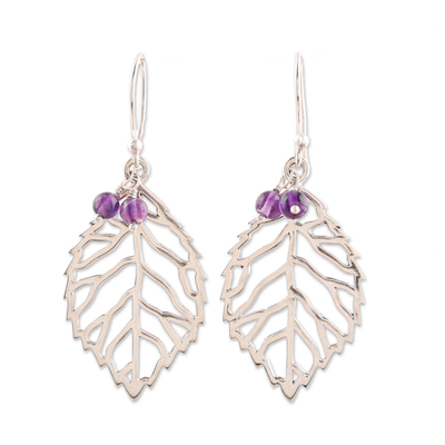 Leaf-Shaped Sterling Silver and Amethyst Dangle Earrings