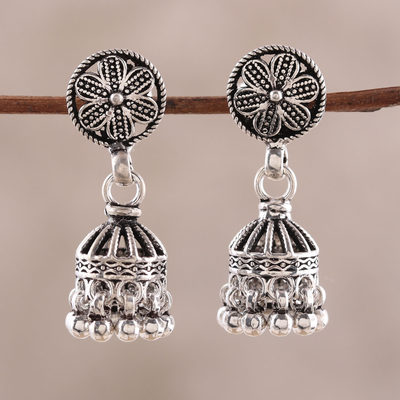 Sterling silver chandelier earrings, 'Jhumki Garden' - Artisan Crafted Sterling Silver Chandelier Earrings