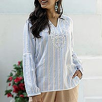 Cotton tunic, 'Cerulean Summer' - Cotton Tunic with Cerulean Stripes from India
