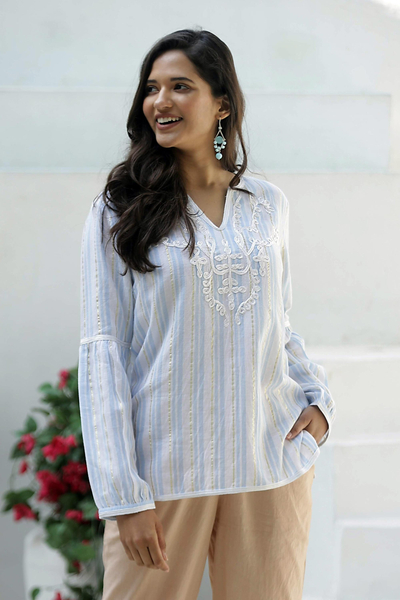 Cotton tunic, 'Cerulean Summer' - Cotton Tunic with Cerulean Stripes from India