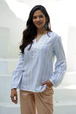 Cotton tunic, 'Cerulean Summer' - Cotton Tunic with Cerulean Stripes from India