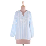 Cotton tunic, 'Cerulean Summer' - Cotton Tunic with Cerulean Stripes from India