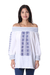 Cotton off-the-shoulder tunic, 'Moroccan Charm' - White Cotton Off-The-Shoulder Tunic with Moroccan Embroidery
