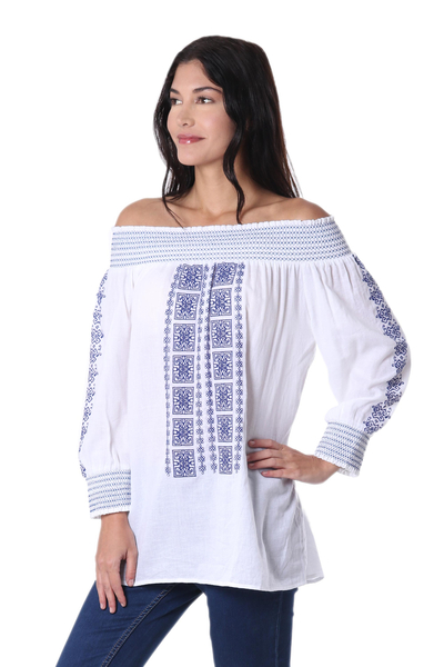 Cotton off-the-shoulder tunic, 'Moroccan Charm' - White Cotton Off-The-Shoulder Tunic with Moroccan Embroidery