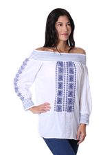 Cotton off-the-shoulder tunic, 'Moroccan Charm' - White Cotton Off-The-Shoulder Tunic with Moroccan Embroidery
