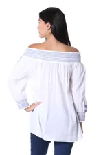Cotton off-the-shoulder tunic, 'Moroccan Charm' - White Cotton Off-The-Shoulder Tunic with Moroccan Embroidery