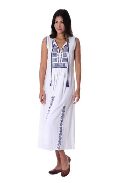 Cotton Dress with Geometric Lapis Embroidery