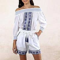 White Cotton Shorts with Geometric Embroidery in Lapis,'Moroccan Summer'