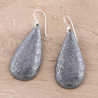 Sterling silver dangle earrings, 'Swinging Drops' - Oxidized Floral Sterling Silver Dangle Earrings from India
