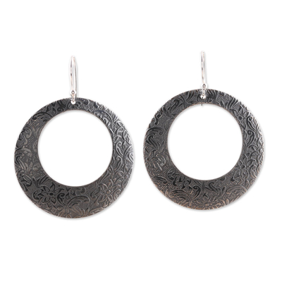 Sterling silver dangle earrings, 'Fashionable Loops' - Oxidized Round Floral Sterling Silver Earrings from India
