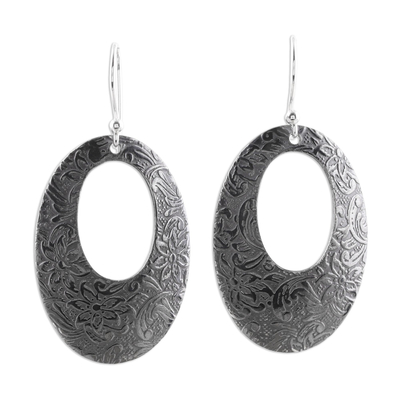 Sterling silver dangle earrings, 'Floral Ovals' - Oxidized Oval Floral Sterling Silver Earrings from India
