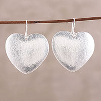 Sterling silver dangle earrings, 'Glimmering Heart' - Brushed-Satin Sterling Silver Heart Earrings from India
