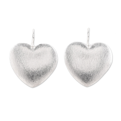 Sterling silver dangle earrings, 'Glimmering Heart' - Brushed-Satin Sterling Silver Heart Earrings from India