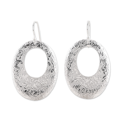 Sterling silver dangle earrings, 'Shimmering Ovals' - Oval Floral Sterling Silver Earrings from India