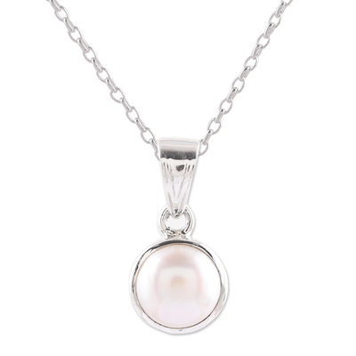 Cultured pearl pendant necklace, 'Elegant Bliss' - Round Cultured Pearl Pendant Necklace from India