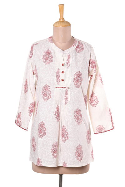 Cotton tunic, 'Cerise Elegance' - Printed Cotton Tunic in Red and Off-White from India