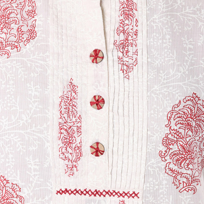Cotton tunic, 'Cerise Elegance' - Printed Cotton Tunic in Red and Off-White from India