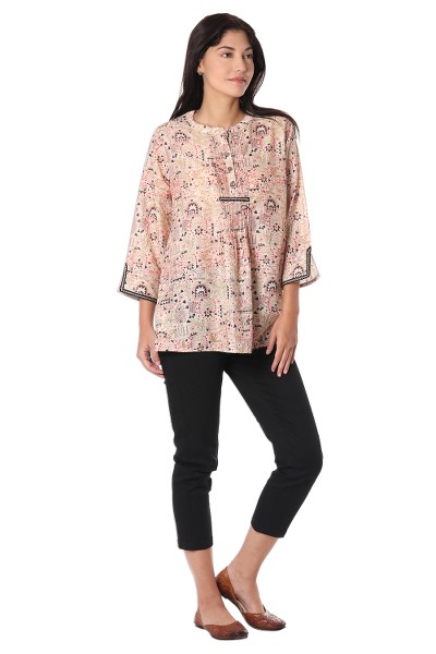 Cotton tunic, 'Natural Connection' - Printed Henley Cotton Tunic from India