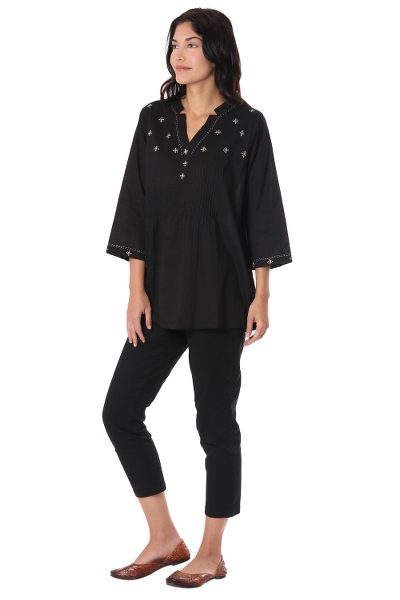 Cotton tunic, 'Stars at Midnight' - Black 100% Cotton Tunic Pin Tuck Detail and Ecru Embroidery