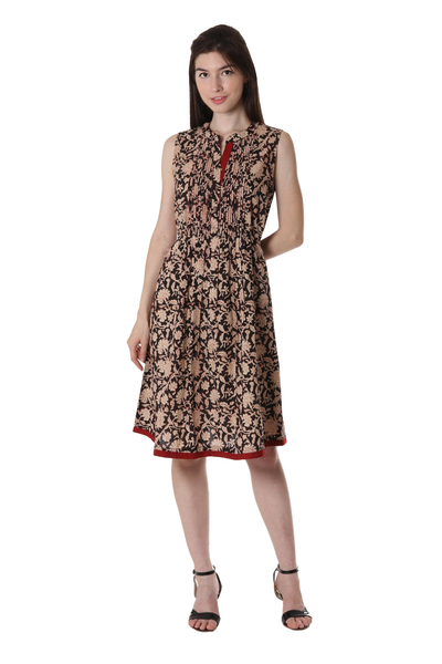 Cotton A-line dress, 'Ivory Garden' - Floral Printed Cotton A-Line Dress in Ivory and Black
