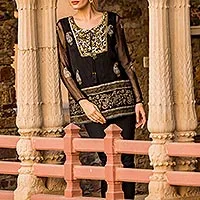 Túnica de viscosa, 'Kashmiri Night Sky' - Túnica de viscosa con estampado Paisley de la India