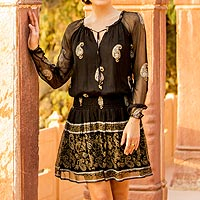 Block Printed Paisley Motif Viscose A-Line Dress from India,'Paisley Midnight'