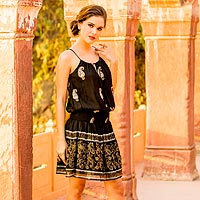 Viscose sleeveless A-line dress, 'Paisley Midnight' - Paisley Motif Viscose Sleeveless A-Line Dress from India