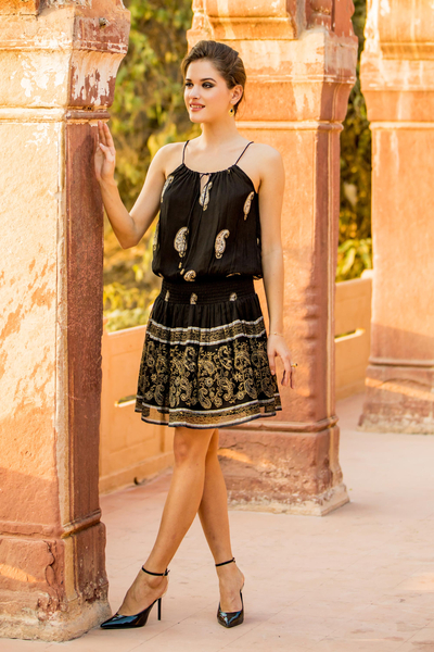 Geometrisches A-Linien-Kleid aus Viskose - Geometrisches A-Linien-Kleid aus Viskose mit Paisley-Motiv aus Indien