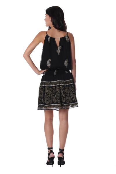 Viscose sleeveless A-line dress, 'Paisley Midnight' - Paisley Motif Viscose Sleeveless A-Line Dress from India