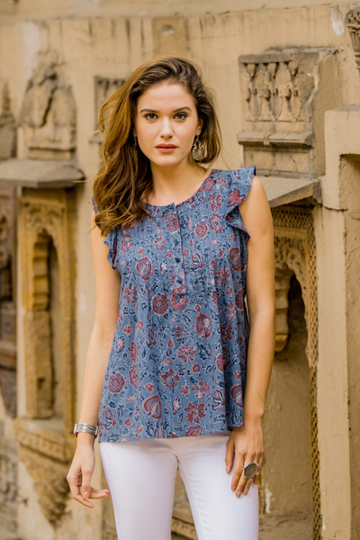 Cotton blouse, 'Garden Bliss' - Floral Printed Cotton Blouse in Cerulean from India