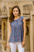 Cotton blouse, 'Garden Bliss' - Floral Printed Cotton Blouse in Cerulean from India thumbail