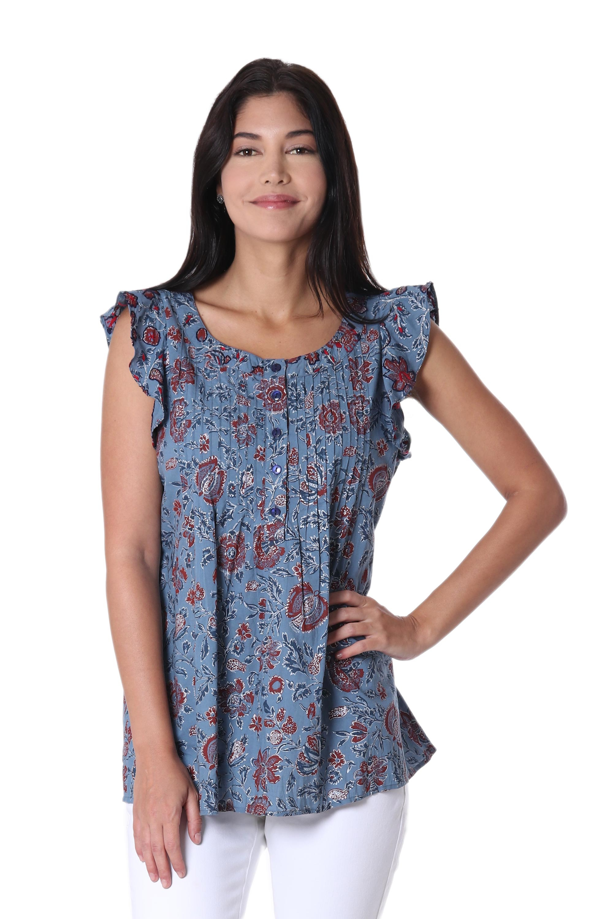 UNICEF Market | Floral Printed Cotton Blouse in Cerulean from India ...