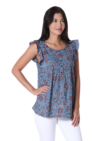 Cotton blouse, 'Garden Bliss' - Floral Printed Cotton Blouse in Cerulean from India
