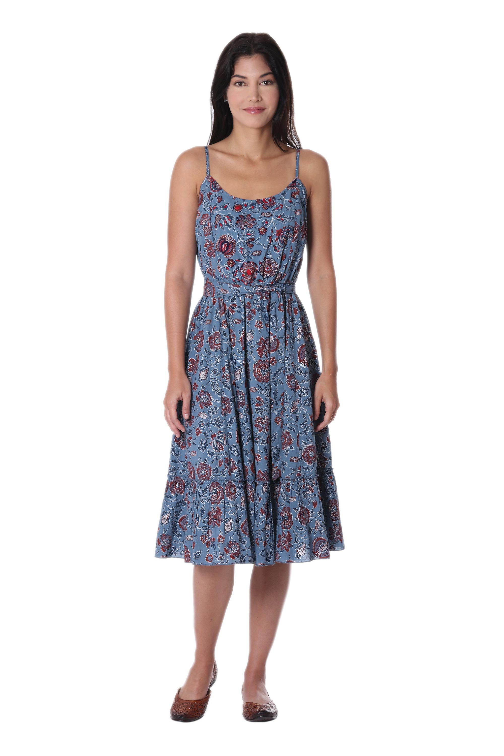 Floral Printed Cotton Sundress in Cerulean from India - Garden Bliss ...