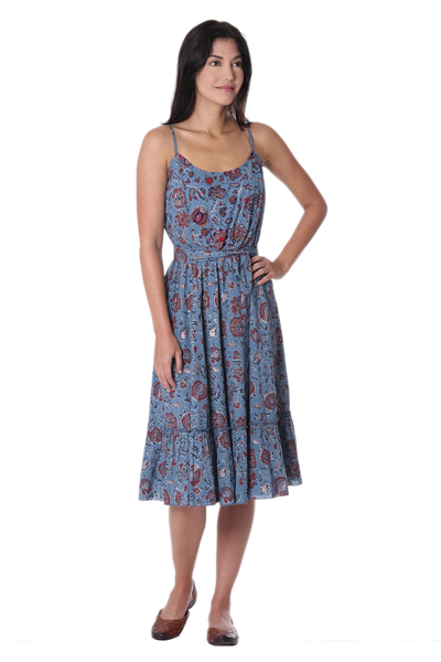Sommerkleid aus Baumwolle - Blumenbedrucktes Baumwoll-Sommerkleid in Cerulean aus Indien