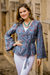 Cotton jacket, 'Garden Bliss' - Floral Printed Cotton Jacket in Cerulean from India thumbail