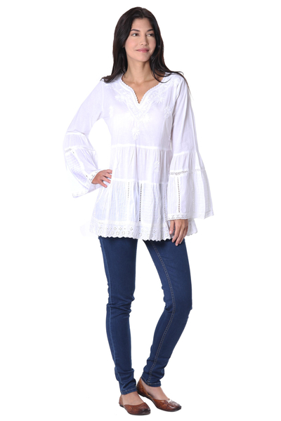 Blusa de algodón - Blusa de algodón blanca con bordado floral de la India